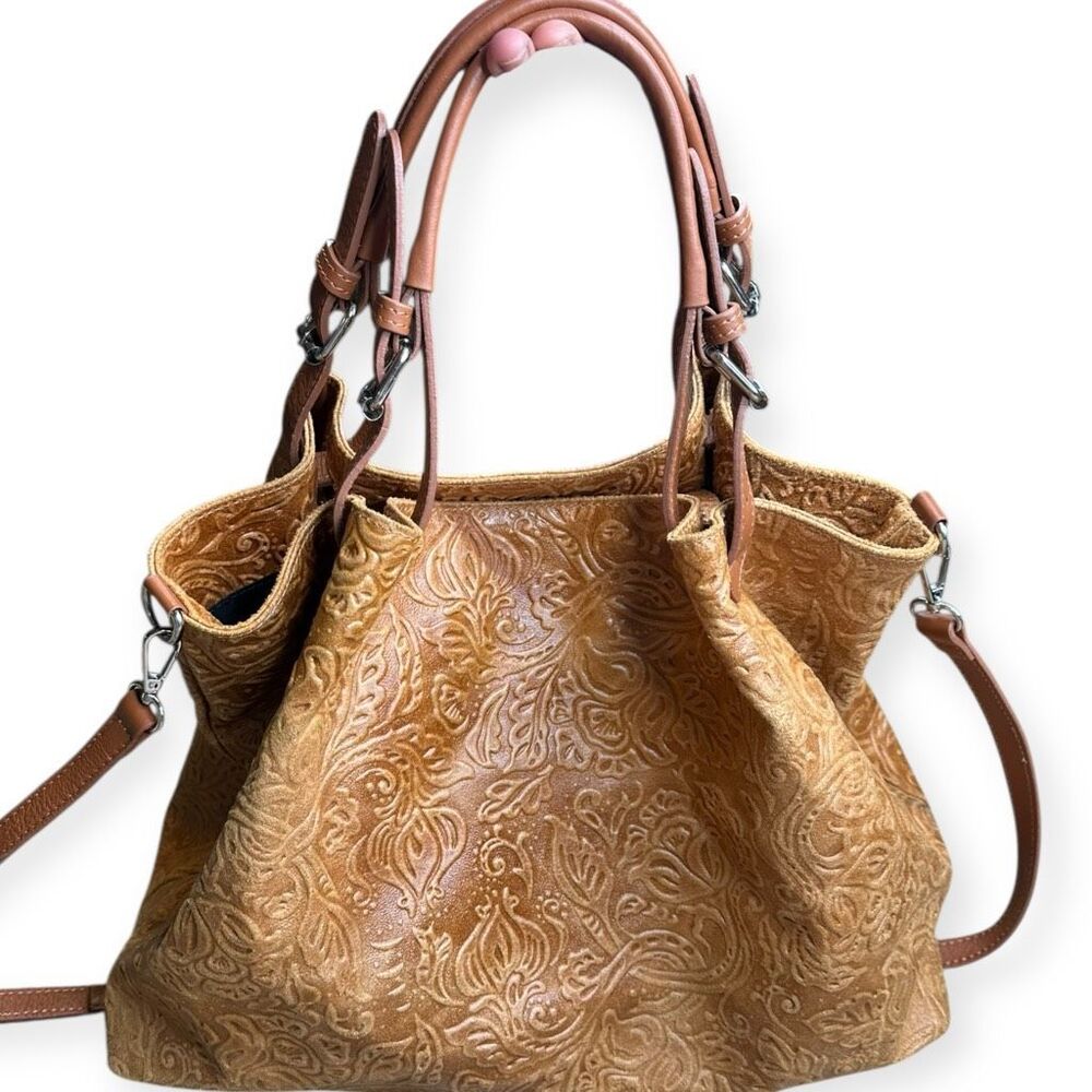 Chic Embossed Tan Satchel Bag